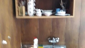 A wooden cabinet with shelves holding kitchenware, a sink, and a bottle. - Apartment on Lermontov Str. (Tbilisi)