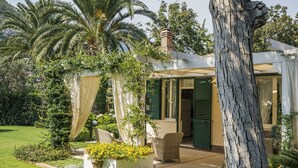 A house with a covered patio, a palm tree, and a garden with yellow flowers.
