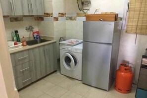 A compact kitchen with a washing machine, a refrigerator, and a gas cylinder.