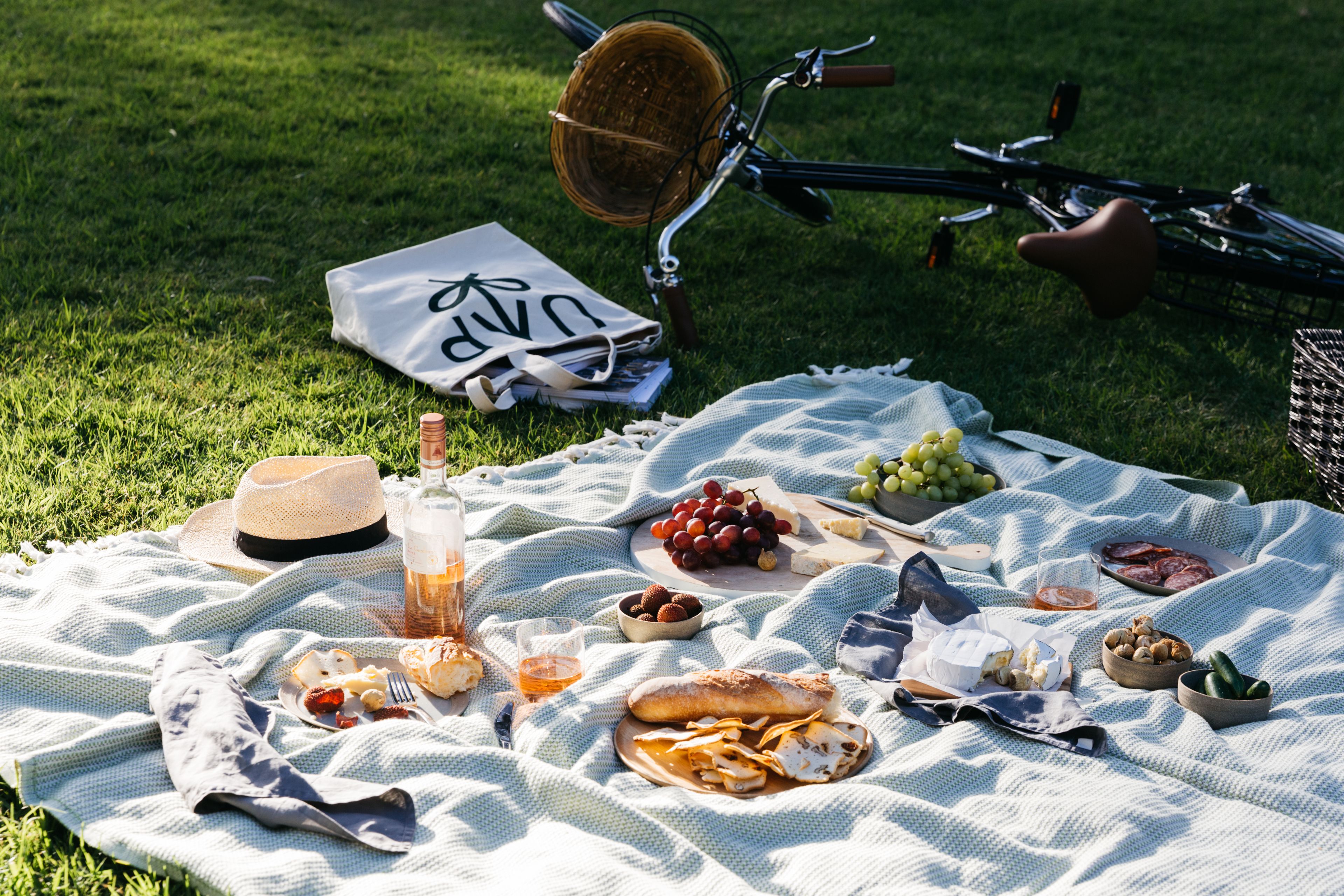 A picnic setup on a grassy field with a bicycle, a basket, and a blanket with food and drinks.