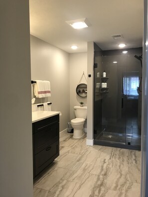 Douche, séchoir à cheveux, serviettes fournies, savon