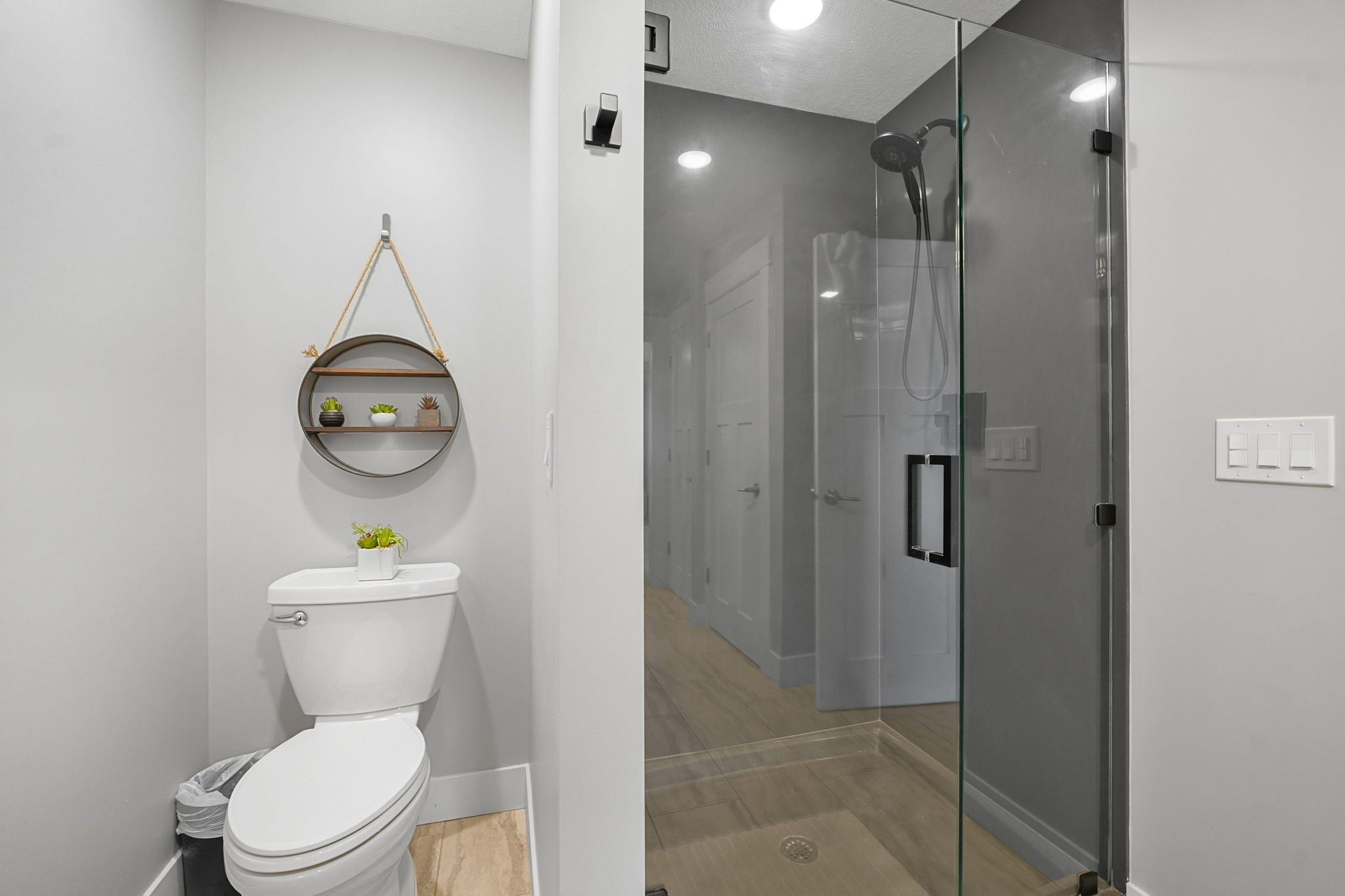 A modern bathroom with a toilet, a glass-enclosed shower, and a shelf with plants.