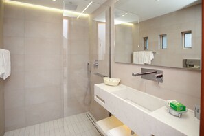 Douche, séchoir à cheveux, serviettes fournies, savon