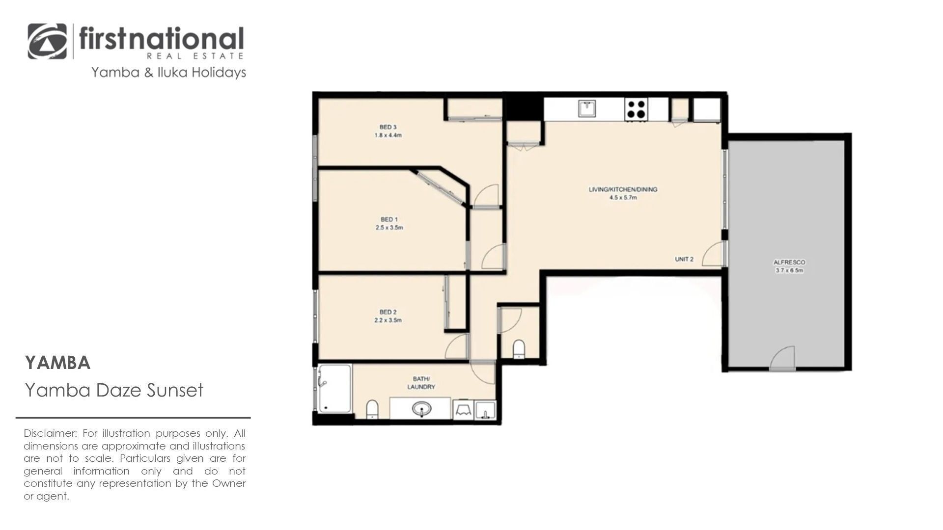 Grundriss eines Yamba Daze Sunset Apartments mit drei Schlafzimmern, einem Wohn-/Koch-/Essbereich, einem Bad/Waschraum und einem separaten Alfresco-Bereich.