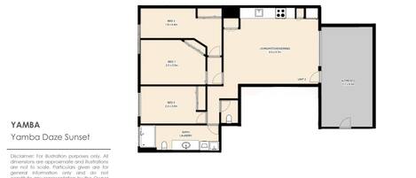 Grundriss eines Yamba Daze Sunset Apartments mit drei Schlafzimmern, einem Wohn-/Koch-/Essbereich, einem Bad/Waschraum und einem separaten Alfresco-Bereich.