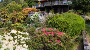 Une maison à deux étages dotée d’un balcon, entourée d’une végétation luxuriante et de plantes en fleurs.