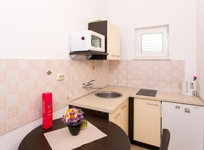 Fridge, microwave, stovetop, coffee/tea maker