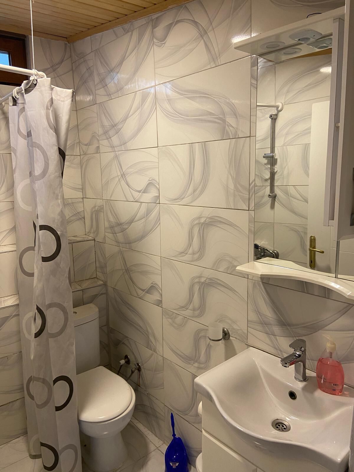 Un baño con inodoro, lavamanos, ducha y espejo.