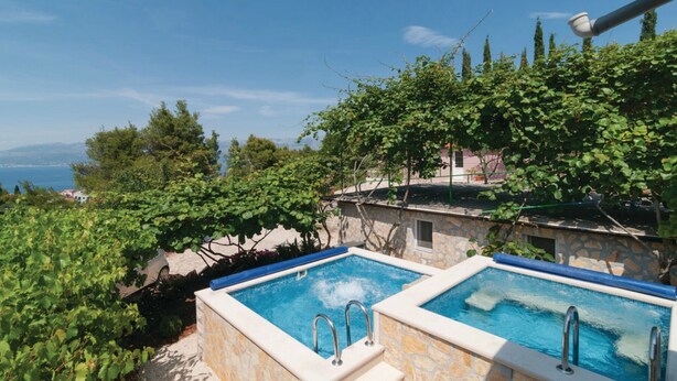 A pool area with clear blue water, surrounded by lush greenery and a stone wall.