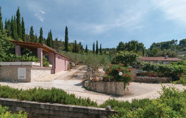 A stone pathway leading to a building with a tiled roof, surrounded by greenery and trees.
