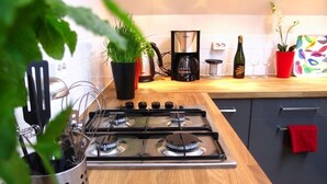 A kitchen with a gas stove, a coffee maker, a bottle of wine, and a potted plant. - Boathotel Rotterdam Seven (Rotterdam)