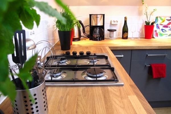 Deluxe appartement | Privékeuken | Een koelkast, een magnetron, een oven, een kookplaat