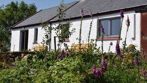 A white house with a grey roof, a wooden bench, and purple flowers in the garden. - The Song House (Falcarragh)