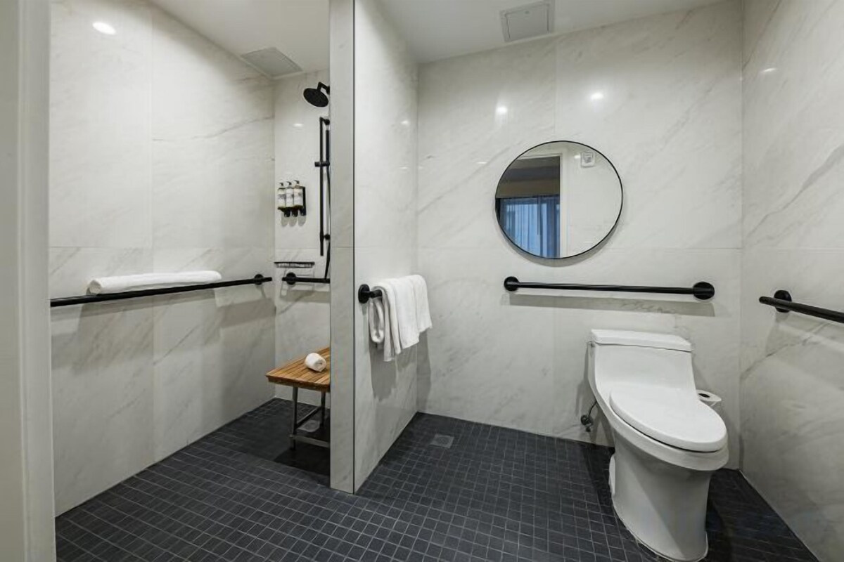 Shower, free toiletries, hair dryer, towels
