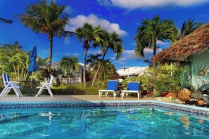 Una piscina al aire libre, sombrillas, sillones reclinables de piscina