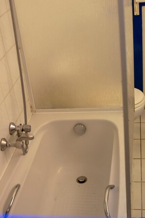 A bathroom with a bathtub, a toilet, and a shower area. - Boat apartment Rotterdam Hoop (Rotterdam)
