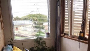 A small, cozy room with a sofa bed, a window with blinds, a potted plant, and a red storage box. - Rob's Beach House Riverton (Riverton)