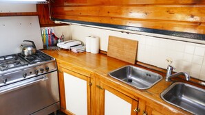 A kitchen with wooden cabinets, stainless steel appliances, and a double sink. - Boat apartment Rotterdam Fokkelina (Rotterdam)