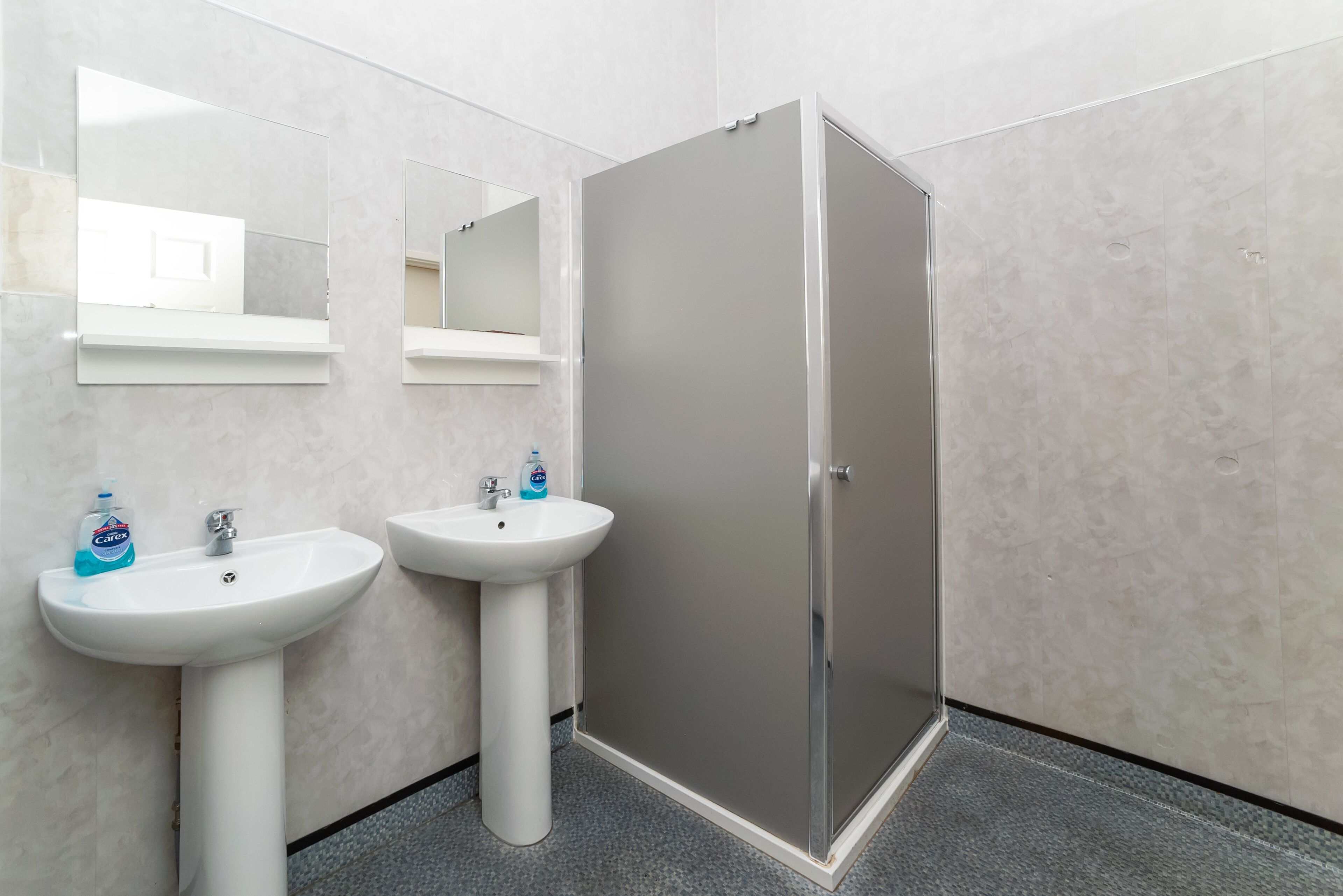 A bathroom with two sinks, a mirror, and a shower enclosure.