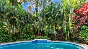A swimming pool surrounded by lush tropical vegetation. - Modern Tropical Oasis, Private Heated Pool, Near Beaches! (Wilton Manors)