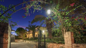 A gated entrance with a stone wall, a palm tree, and a building with lights in the background. - Alba Boutique Apartments (Zakynthos)