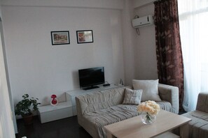 A modern living room with a flat-screen TV, two framed pictures on the wall, a sofa, a coffee table with a vase of flowers, and a potted plant.