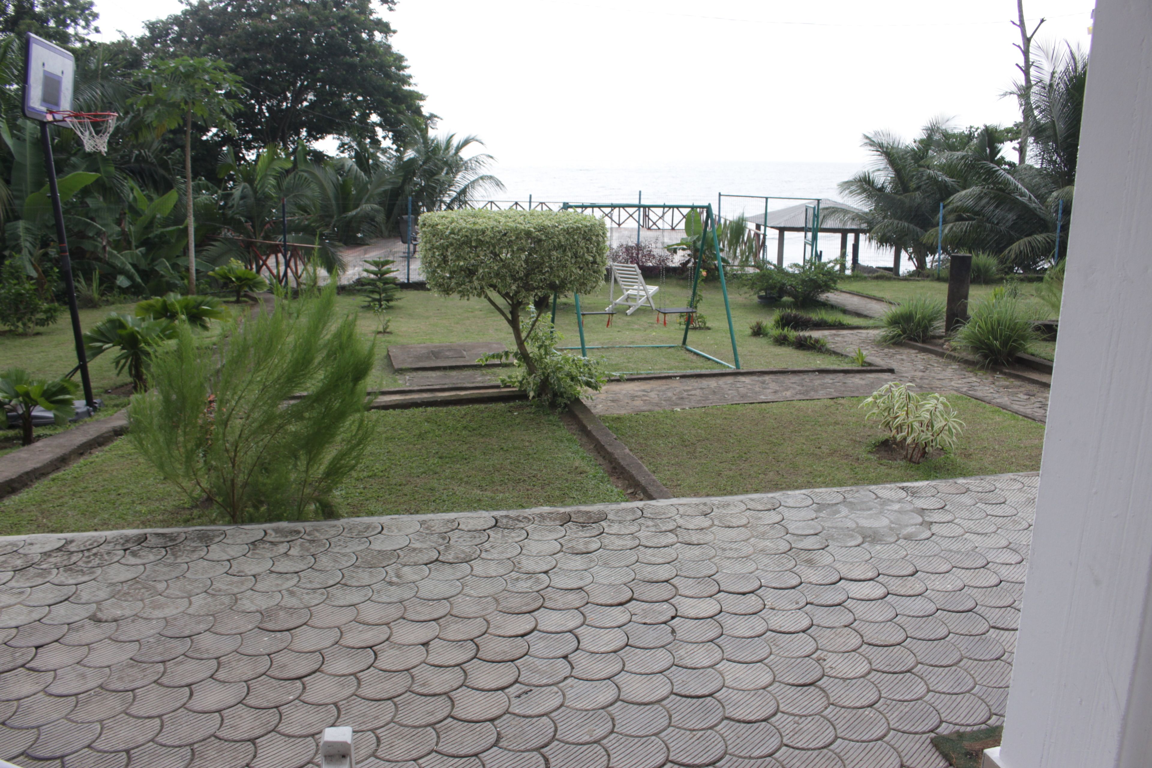 Un patio con una cancha de baloncesto, un árbol pequeño y vista al mar.