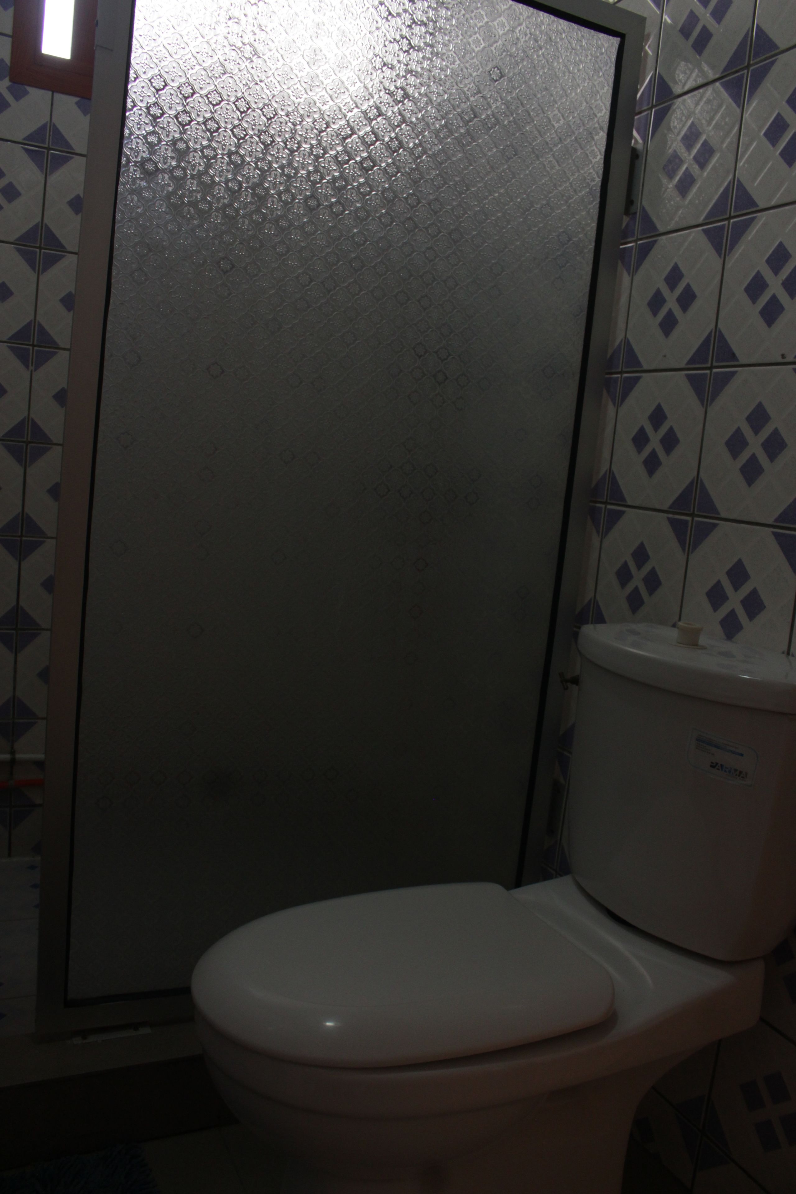 Ein Badezimmer mit Toilette, einer Duschkabine aus Glas und Fliesen mit Muster.