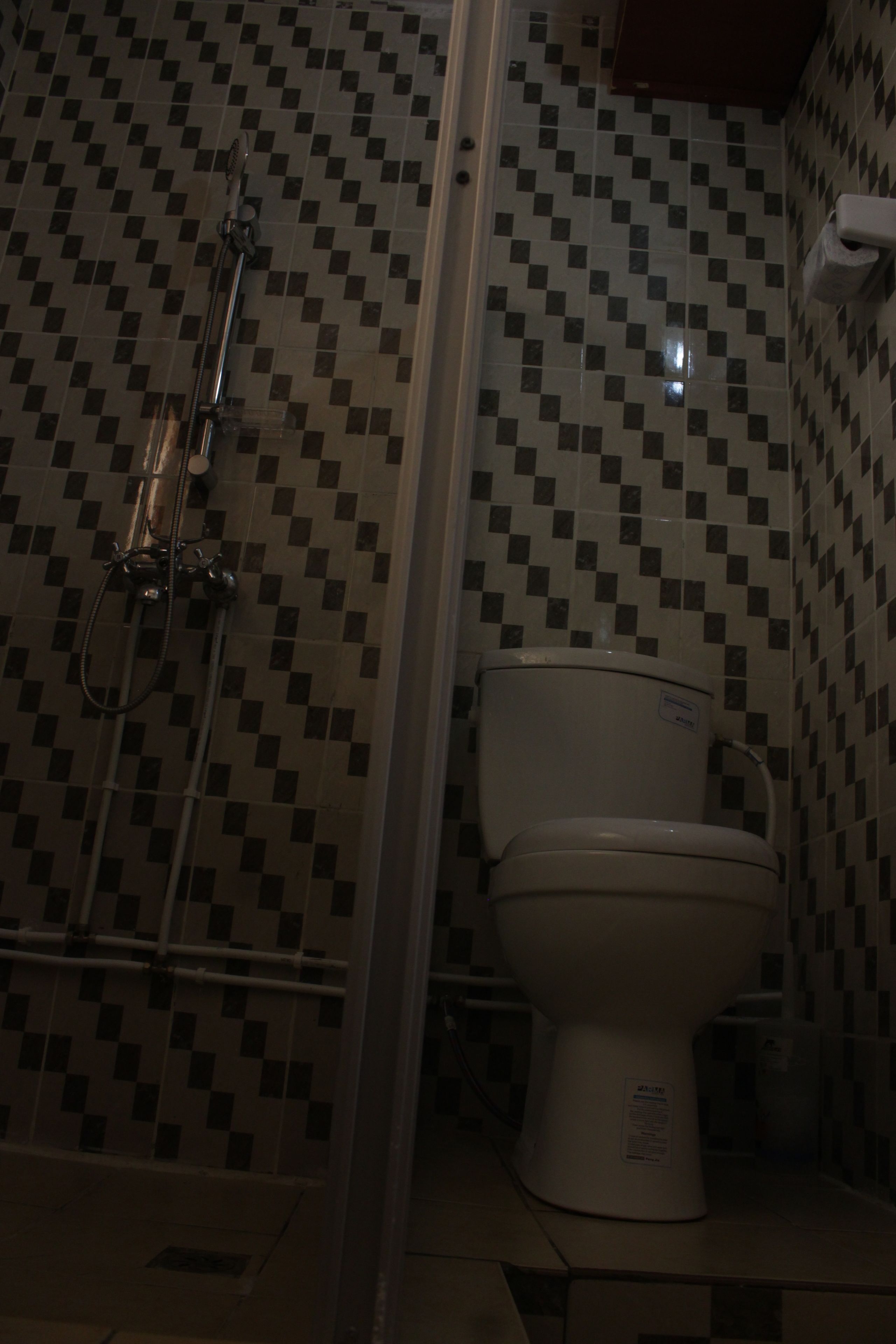 Une salle de bain avec une douche, des toilettes et un mur carrelé.