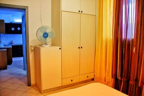 1 bedroom, desk, iron/ironing board, bed sheets