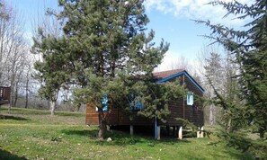 A wooden cabin with a sloped roof, surrounded by trees.