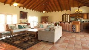 A spacious living room with a high wooden ceiling, a sofa set, a coffee table, and a kitchen area with wooden cabinets and a wine rack. - Coconut Tree Villa (East End)