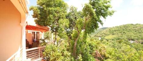 A balcony with a view of a lush green landscape and a building with a red roof.