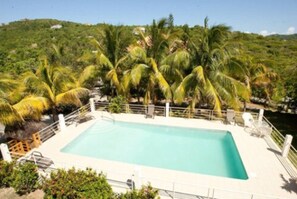 A rectangular pool with a white deck, surrounded by palm trees and a hilly landscape in the background. - Coconut Tree Villa (East End)