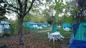 A campsite with multiple tents, some with attached chairs and tables, and a tree in the foreground.