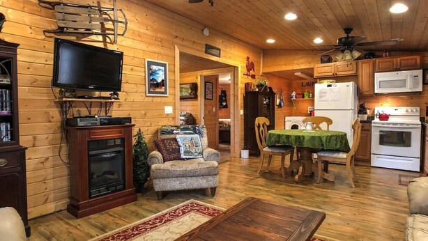 En mysig stuga med inredning i trä, komplett med tv, öppen spis, soffa, matbord och köksdel.