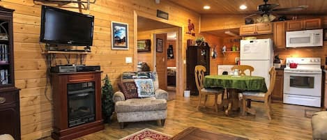 Smart TV, fireplace, video games, DVD player