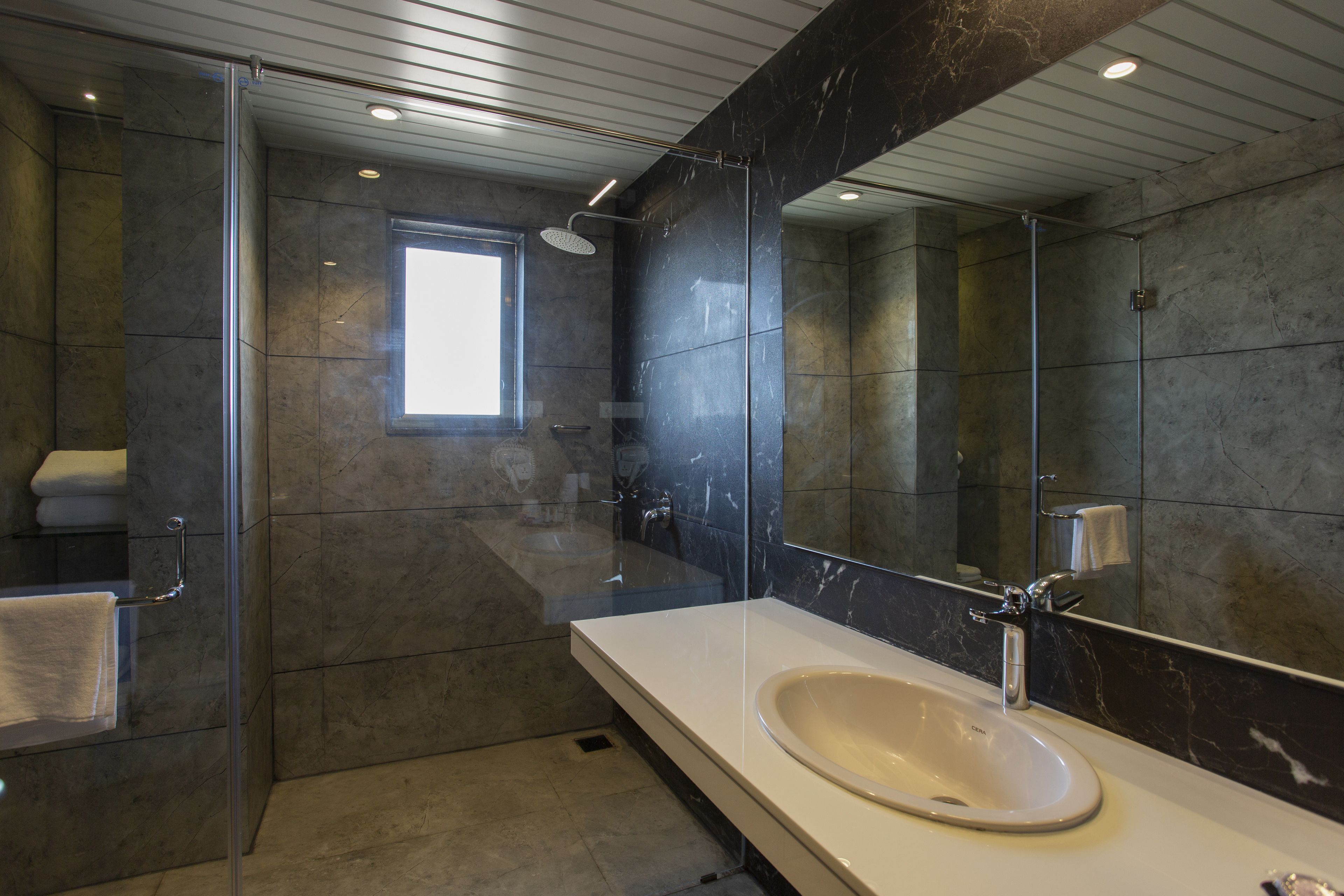 A modern bathroom with a glass-enclosed shower, a large mirror, and a white sink.