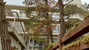 Un edificio de varios niveles con balcones, árboles y jardineras.