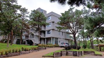 A multi-story building with a modern architectural style, surrounded by a landscaped garden with pine trees and a gravel driveway.