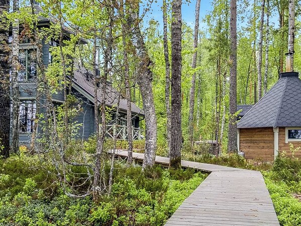Un sentier en bois mène à un chalet entouré d’une forêt dense.