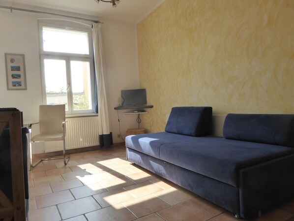 A room with a sofa, a chair, a television on a stand, a radiator, and a window with curtains. - Holiday and conference house Mutabor, in the resort, quiet, close to the beach, shops, pub (Seebad Ahlbeck)