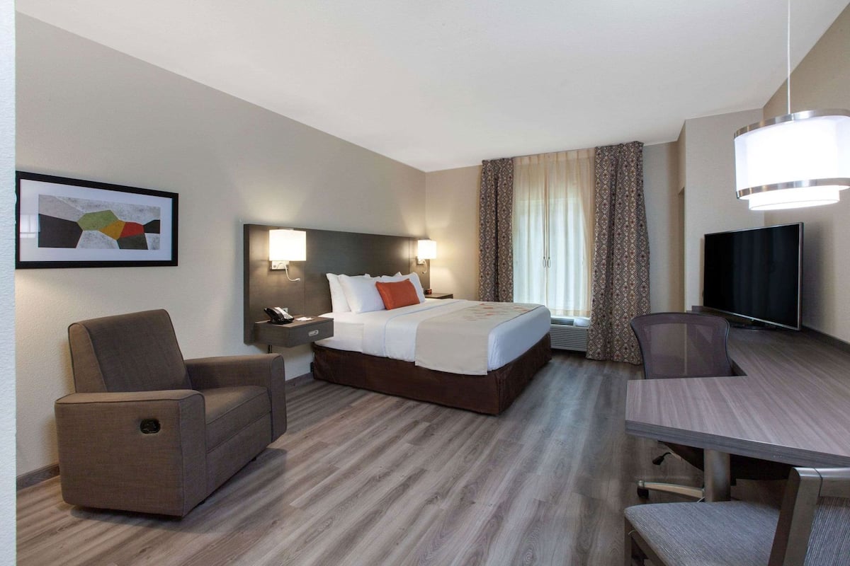 A hotel room with a bed, a desk, a chair, a TV, and a framed picture on the wall.