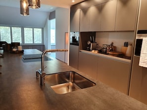 City Apartment | Private kitchen | Full-sized fridge, oven, stovetop, dishwasher