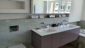A modern bathroom with a double sink, a toilet, and a large mirror.