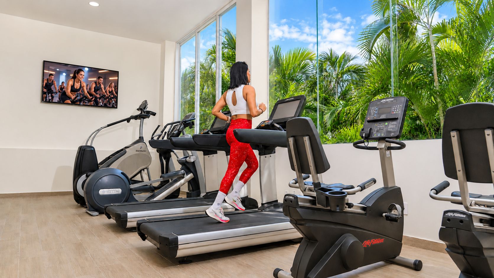 Een sportschool met loopbanden en hometrainers, grote ramen met uitzicht op palmbomen en een televisiescherm waarop een fitnessvideo wordt afgespeeld.
