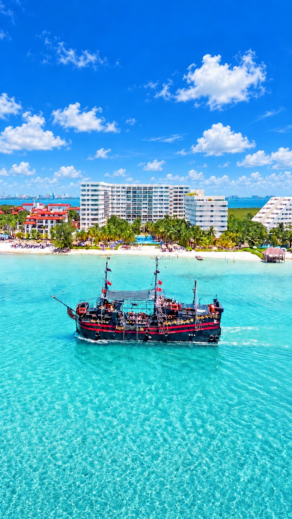 A cruise ship in turquoise waters with a resort and hotel buildings in the background.