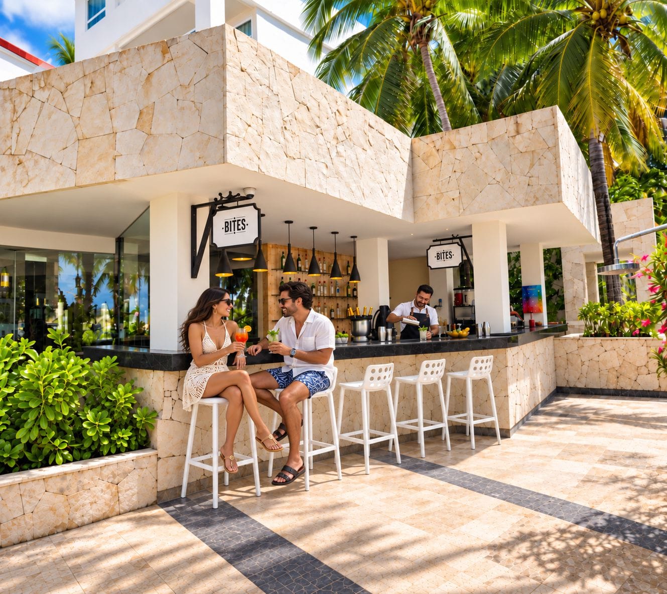 Uma área de bar ao ar livre com paredes de pedra, banquetas e uma placa que diz 'BITES'.