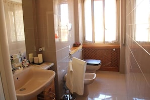 Combined shower/bathtub, hair dryer, bidet, towels