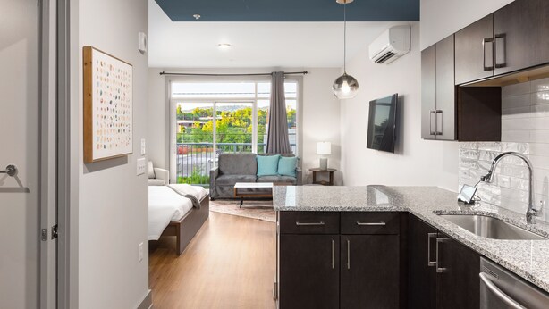 A modern kitchen with dark cabinets, a granite countertop, and a stainless steel sink. - River Row Flats (Asheville)